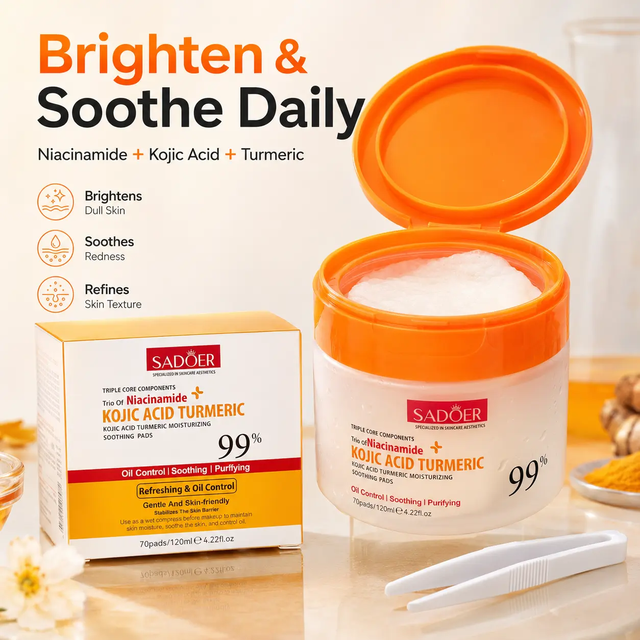 Turmeric Kojic Acid & Niacinamide Facial Toner Pads, 70 Count Hydrating Soothing Pads for Daily Skin Care, Oil Control & Skin Texture Care, 120ml with Tweezers