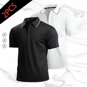 Men’s two-pack casual athletic polo shirts with a simple turn-down collar and contrast piping; breathable, quick-drying, skin-friendly, wrinkle-resistant, and wear-resistant—ideal for office commuting, sports, fitness, everyday outings, and summer styling