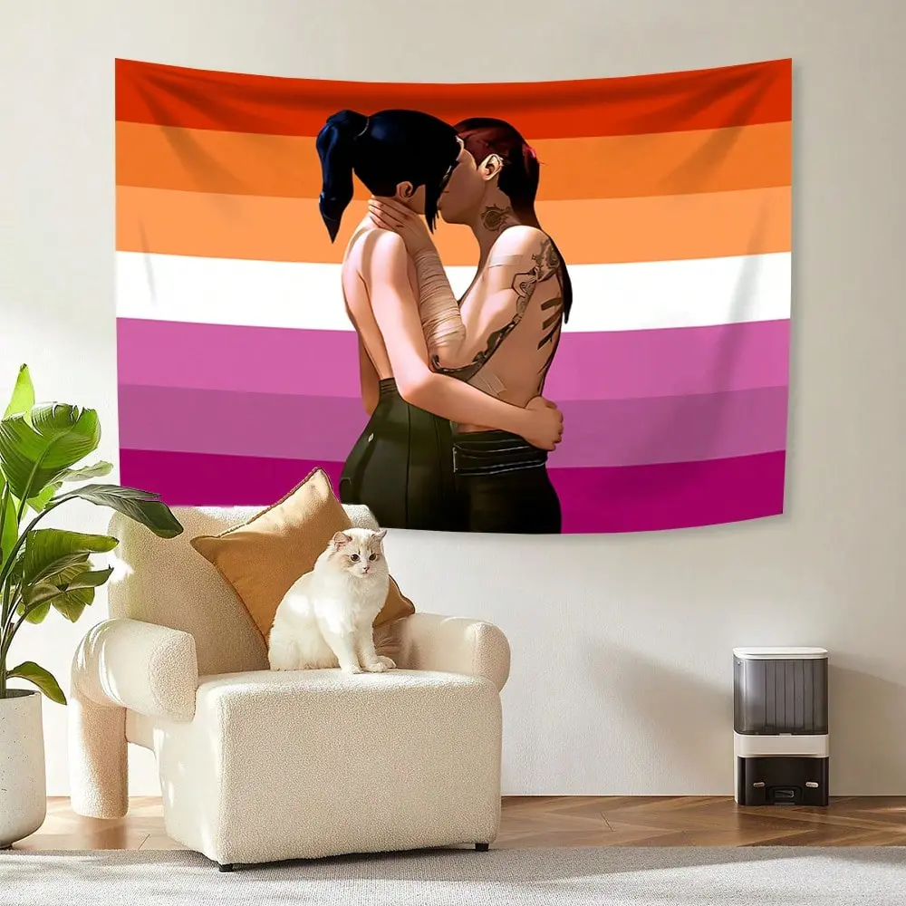 Arcane Caitlyn Lesbian Women's Pink Rainbow Print Tapestry , Decorative Vintage Wall Hanging with Bright Colors - Multi-Size Light Peach Home Decor for Dorm Room