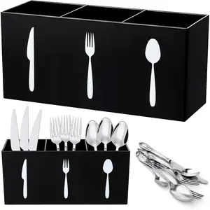 Acrylic Cutlery Storage Organizer Bin Silverware Caddy Countertop Knife Spoon and Fork Holder, 3 Section Kitchen Tableware Storage Box for Cabinet Indoor Home Flatware Dining Room (Black, M)