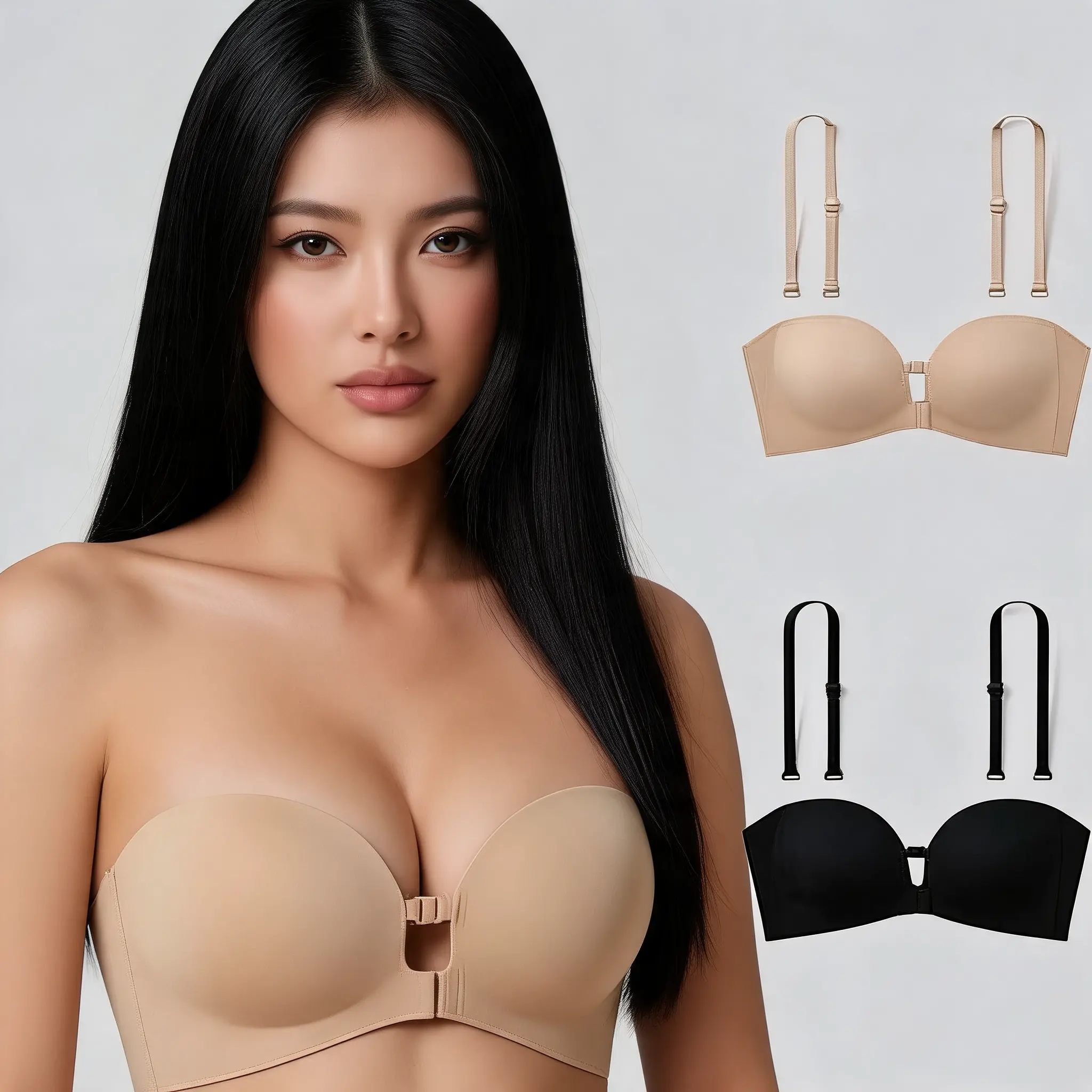 Womens Strapless Front Closure Bra Push Up Lift Bra Padded Add Cup Non Slip Anti-Slip Grip & Removable Straps Fit Outfits Wireless Supportive Seamless Comfortable