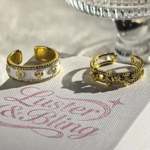 2pcs Gold Stackable Ring Set | 18K Gold Plated Brass | Nickel-Free & Lead-Free | White Enamel & Rhinestone Flower Rings | Trendy Retro Adjustable Open Jewelry | Perfect Valentine's Day Gift for Her | engagement ring