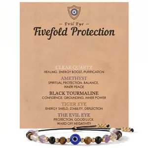 Dainty Evil Eye Bracelet for Women - Natural Crystal Protection Stackable Bracelet with Amethyst Black Tourmaline & Tiger Eye Adjustable Spiritual Guardian Jewelry Gift with Meaning Card summerwins