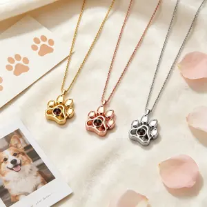 Titanium Steel Projection Pendant Necklace With Cute Pet Paw Print Dog Tag Design, Dainty Clavicle Chain For Daily Wear, Multi-Purpose Animal Imprint Jewelry That Can Also Be Used As Decorative Keychain For Pet Lovers And Memorial Keepsake Collection