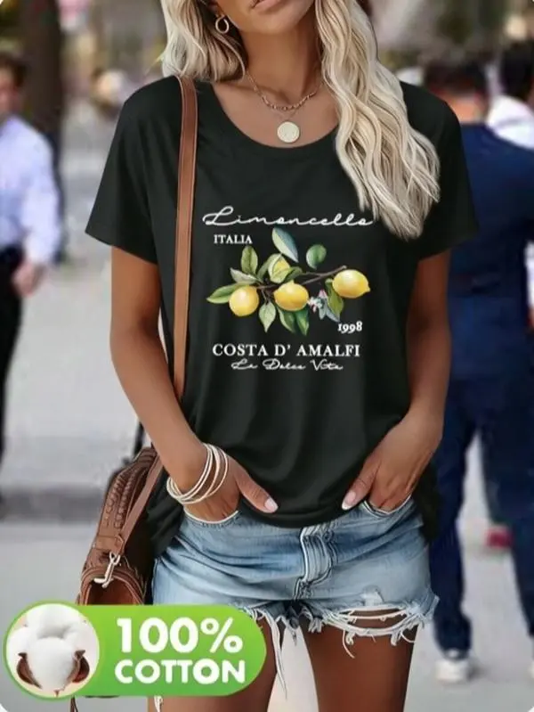 Women's 100% Cotton Casual Short-Sleeve T-Shirt - Limoncello Italia Costa D'Amalfi Lemon Branch Vintage Script, Cool Retro Lemon Motif, Breathable, Lightweight, Soft, Everyday Summer Top, Womenswear Tshirt