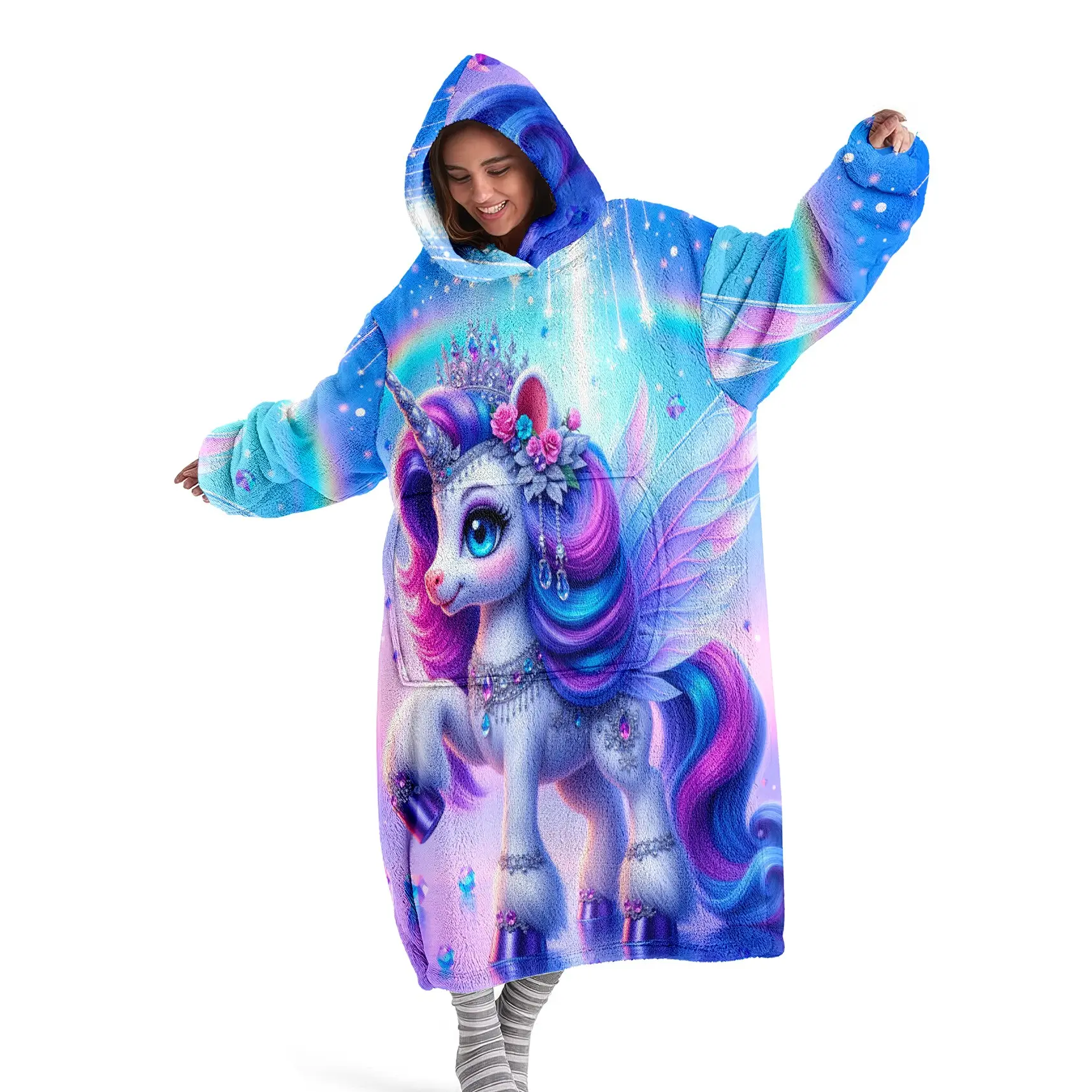 Hooded Blanket, Wearable Blanket, Digital Print Flannel Blanket Soft and Warm Blanket with Blue Unicorn Pattern Sofa Throw Blanket, Home Relaxation Blanket Air-Conditioned Blanket, Nap Blanket Office, Bed, Camping, Travel Holiday Gift,Valentine's Day Gift