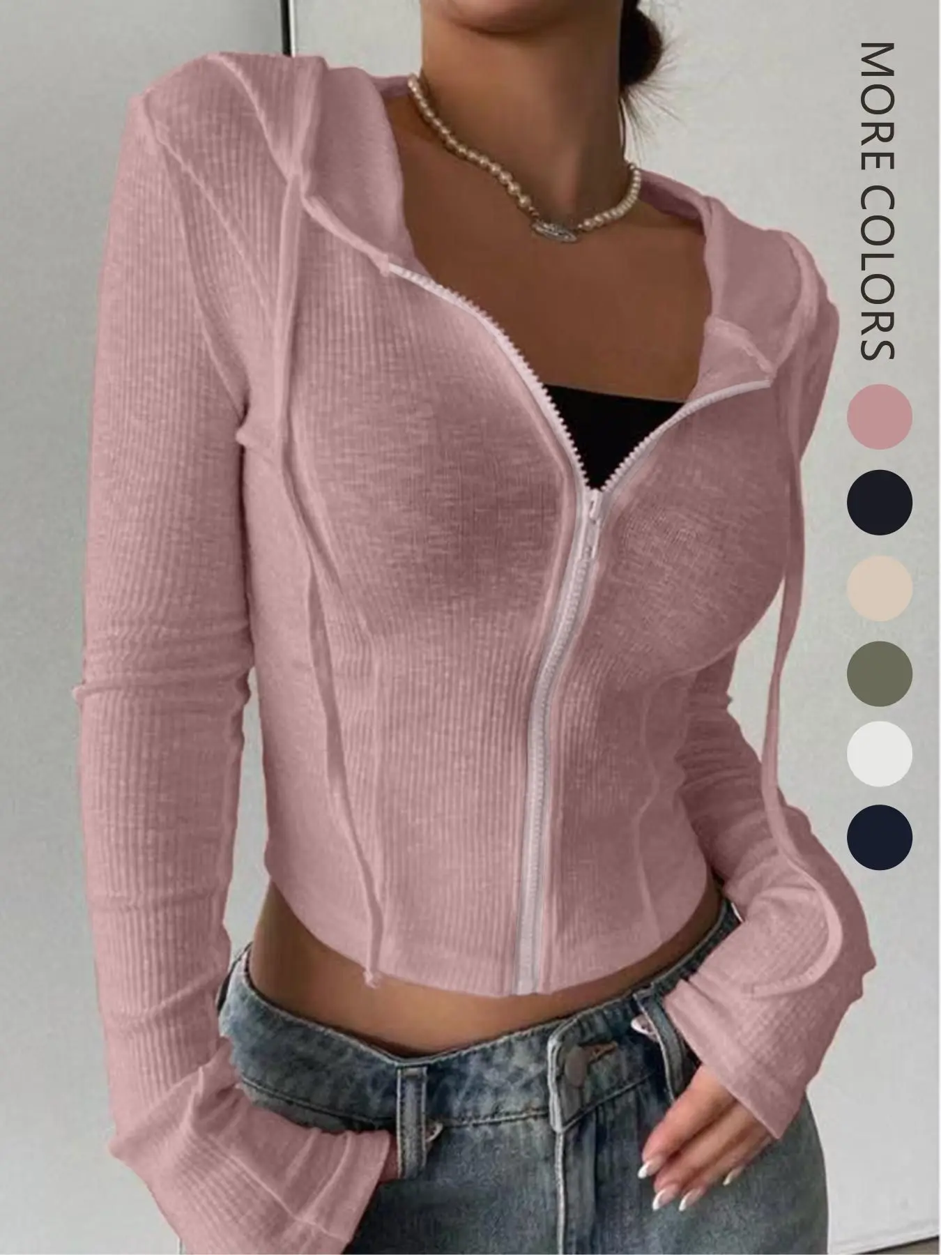 Spring Summer Long Sleeve Knit Sweater Fashion Casual Open Front Top Slim Fit Sporty Womenswear Lady Hoodie Sweatshirts Short Zipper Hooded Pullover Casual Drawstring Hooded Fashion Hoodies