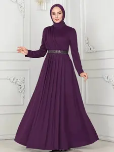 Elegant High-Quality Long Robe Dress for Women, Muslim Modest Evening Dress, Simple Solid Color Tie Waist Design, Wrinkled Formal Evening Wear, Modest Muslim Clothing