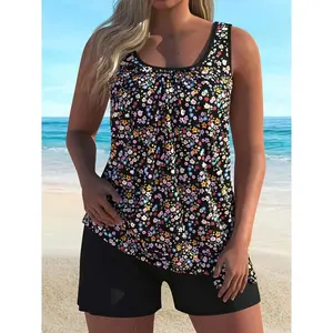 FSTVE New European And American Summer Sleeveless Square Neck Floral Printed Tank Top Split Two Piece Swimsuit For Women