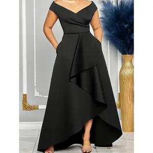 Elegant Plus Size V-Neck Asymmetrical Ruffle Dress - Soft Polyester Knit Fabric with Slight Stretch, Solid Color, All-Season Style, Flattering Fit, Comfortable Wear, Easy Care, and Versatile Occasion Wear