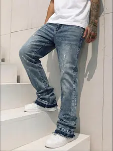 Men's High-End Casual Flared Streetwear Loose-Fitting Jeans, All Seasons Button Fly Zipper Flare Pants, Plain Water Washed Denim Bottoms