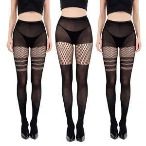 Faux Thigh High Tights Mock Suspender Pantyhose Striped Goth Fishnets Pack of 3