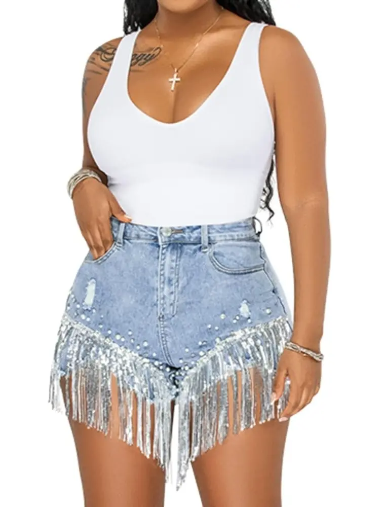 Women's High Waisted Bedazzled Western Denim Shorts - Distressed Frayed Hem, Silver Sequin Fringe, Pearl Beading - Music, Party, Clubbing Clothes for Women