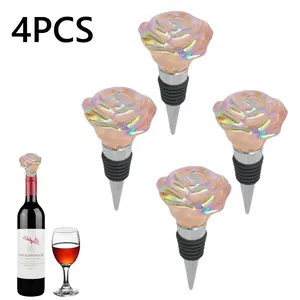 4PCS Cute Wine Stopper Bottle Topper Decorative Glass Cork Beautiful Rose Wine Accessories Modern Stoppers for Wine Lovers Bouquet Style Reusable Wine Preserver for Beverage and Party Use