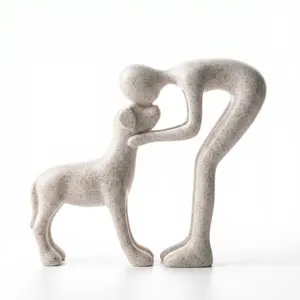 Minimalist Man and Dog Statue - Aesthetic Sandstone Resin Dog Sculpture for Home Decor, Heartwarming Pet Memorial Gift for Dog Lovers & Loss, Modern Male & Puppy Figurine for Office Desk, Living Room & Bedroom, Small Decorative Shelf Accent, Gift
