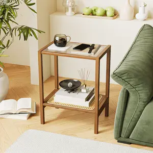 Bamworld 2-Tier Bamboo Rattan Glasstop Nightstand Bedside Table - 22" Tall Narrow Storage Piece, Boho Mid-Century Modern Accent for Small Spaces, Unique Coffee Table Alternative