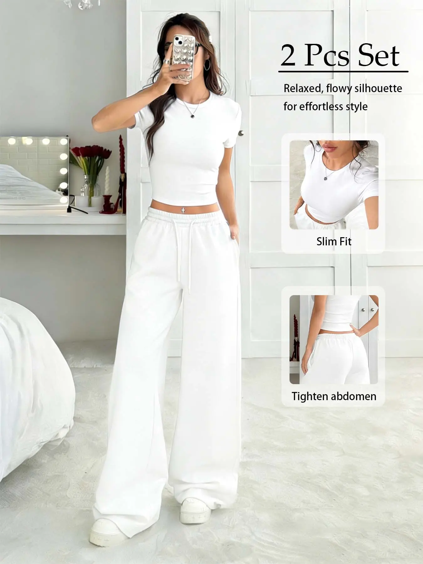 Women Solid Slim Fit Short Sleeve Crop Top & Wide Leg Pants Two Piece Set, Casual Outfit Set, High Waist Tummy Control, Soft Flowy Breathable Fabric, Perfect for Daily Outings, Casual Sports & Relaxing at Home