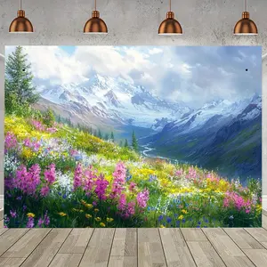 Nature Decor Misty Alaskan Mountain Scene Photography Backdrop - Durable Polyester Fabric White Banner, Vivid Wildflowers & Snow-Capped Peaks for Parties, Studio Photo Shoot Props