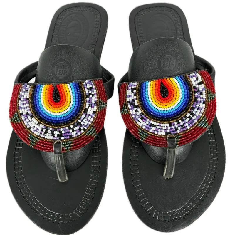 Handcrafted Beaded Leather Sandals With Colorful Rainbow Design & Black Sole Shoes