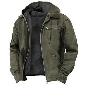 Men's loose fitting workwear with wool lining and waterproof workwear, winter hooded jacket with multiple pockets
