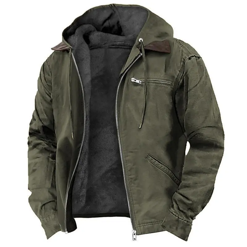 Men's loose fitting workwear with wool lining and waterproof workwear, winter hooded jacket with multiple pockets