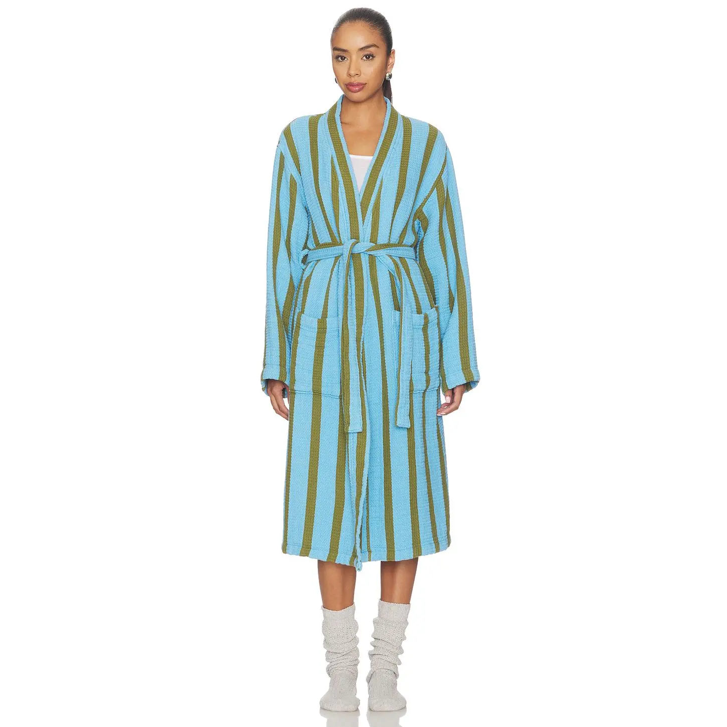 Dusen Dusen Waffle Bathrobe in Blue & Green Stripe