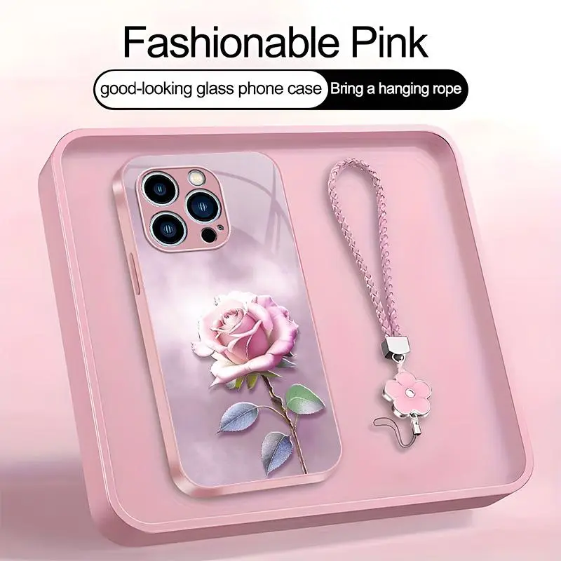 Suitable for [iPhone 14 Pro] high-end women's phone case🤩，a beautiful four-leaf clover lanyard is included🍀，various pink rose patterns, exquisite and high-end YM99