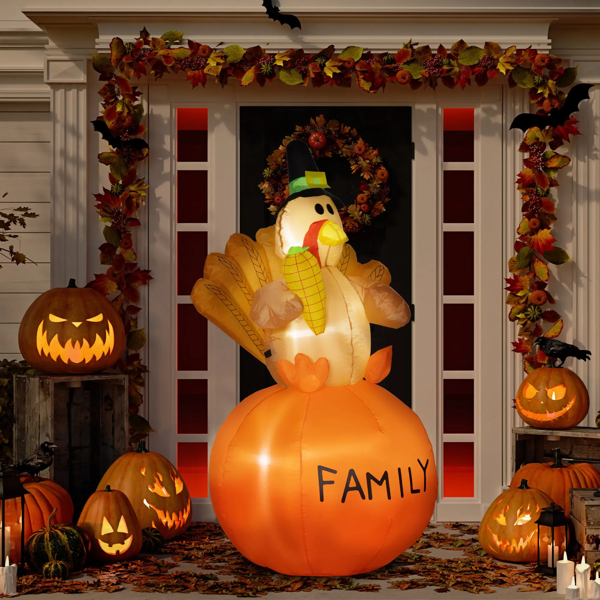 4.9ft Inflatable Thanksgiving Turkey with LED Lights for Garden Indoor Outdoor Decorations Includes Stakes Drawstrings and Sandbag
