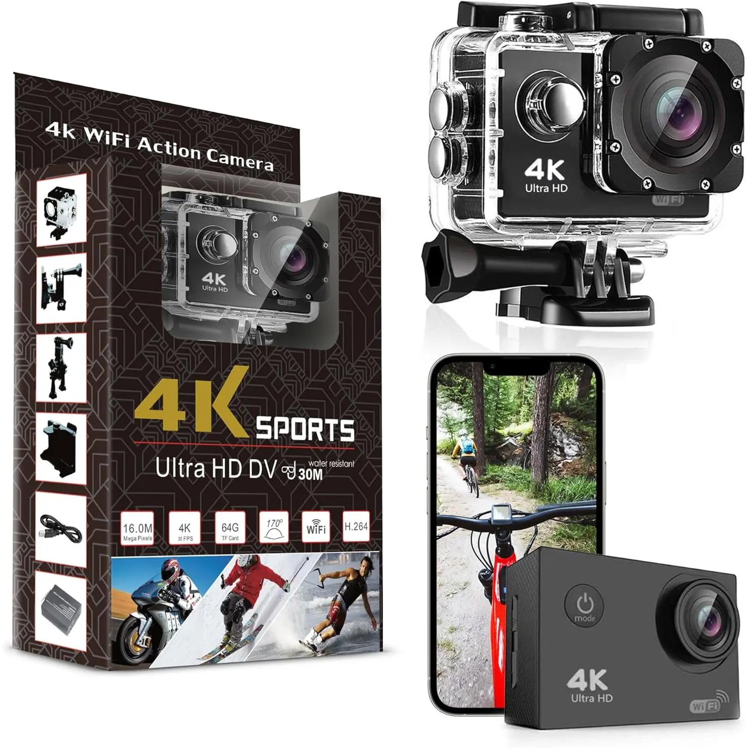 Pro 4K Action Camera - Ultra HD Waterproof Camera Video Camera with Wi-Fi, 170° Wide Angle Lens, Image Stabilization, Multiple Mounting Options - Perfect Underwater Camera Snorkeling, Outdoor Sports Camera, Waterproof Sports Camera