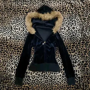 Emo Girls Black Fur Collar Zipper Sweatshirt Autumn and Winter Casual Long Sleeves Hoodie Fashion Sexy Slim Fit Streetwear 2000s