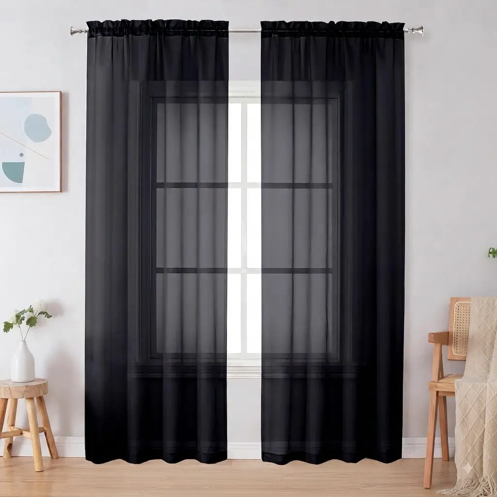 2 Panels Black Sheer Curtains 84 Inches Long, Light Filtering Rod Pocket Solid Color Window Sheer Curtain Panels, Elegant Curtains & Drapes for Living Room, Bedroom (Black, 42" W x 84" L)