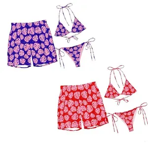 Tropical Monstera Matching Couple Swimwear: Tankini Swimsuits & Mens Shorts. Aesthetic 2 Piece Sets For Summer Beach Vacation