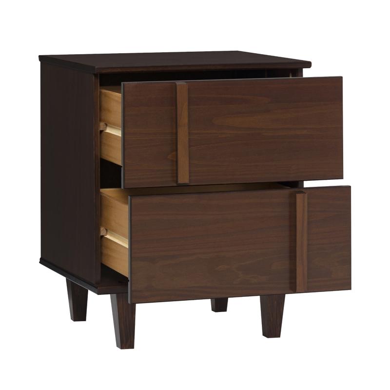 Walnut Finish Rectangular Solid Pine Bedroom Nightstand Side Table - 2 Drawers, 24"h x 15"w x 20"l, 22 lbs, Minimalist Midcentury Modern, Asymmetric Vertical Detail, Responsibly Sourced from Renewable Forests, Storage, Model BR20BRXNSWT, Assembly Required