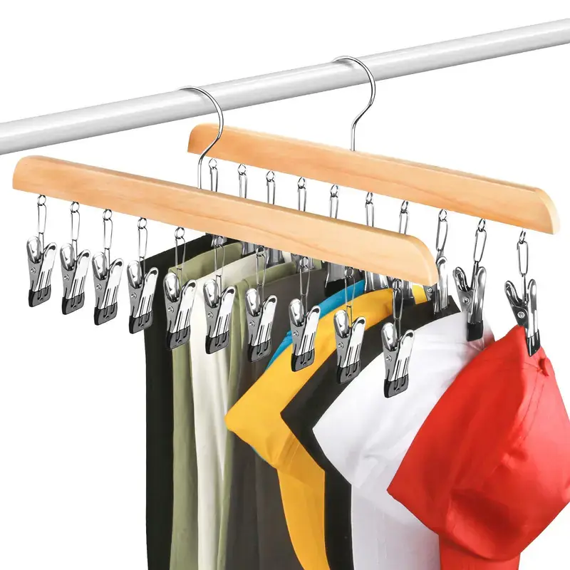Legging Hanger for Closet Organizer with 10 Clips ,2 Pack Wooden Yoga Pants Hanger Holds 20 Leggings, Space Saving Hanging Closet Organizer w/Rubber Coated Closet Organizers and Storage,Clothes Hanger with Clips for Bra,Belt,Sock,Hat Hanging Organization