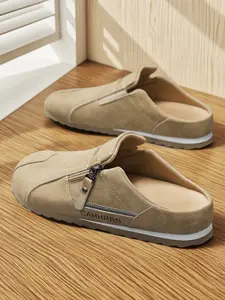 Men's Breathable Linen Slip-On Mules, Casual Backless Loafers with Side Zipper, Lightweight Non-Slip Rubber Slippers for All Seasons