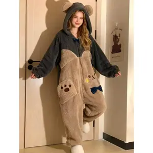 Women’s cute cartoon bear hooded jumpsuit pajamas, fitted long-sleeve winter cosplay pajamas, Christmas party casual wear GARMENTARY
