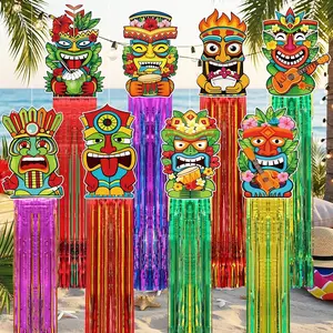 8 Pcs Hawaiian Luau Party Decoration 3.1 ft Tiki Totem Hanging Decorations with Tassels Tiki Door Banner Sign Garland Decor for Outdoor Summer Hawaii Luau Aloha Tropical Birthday Party Supplies