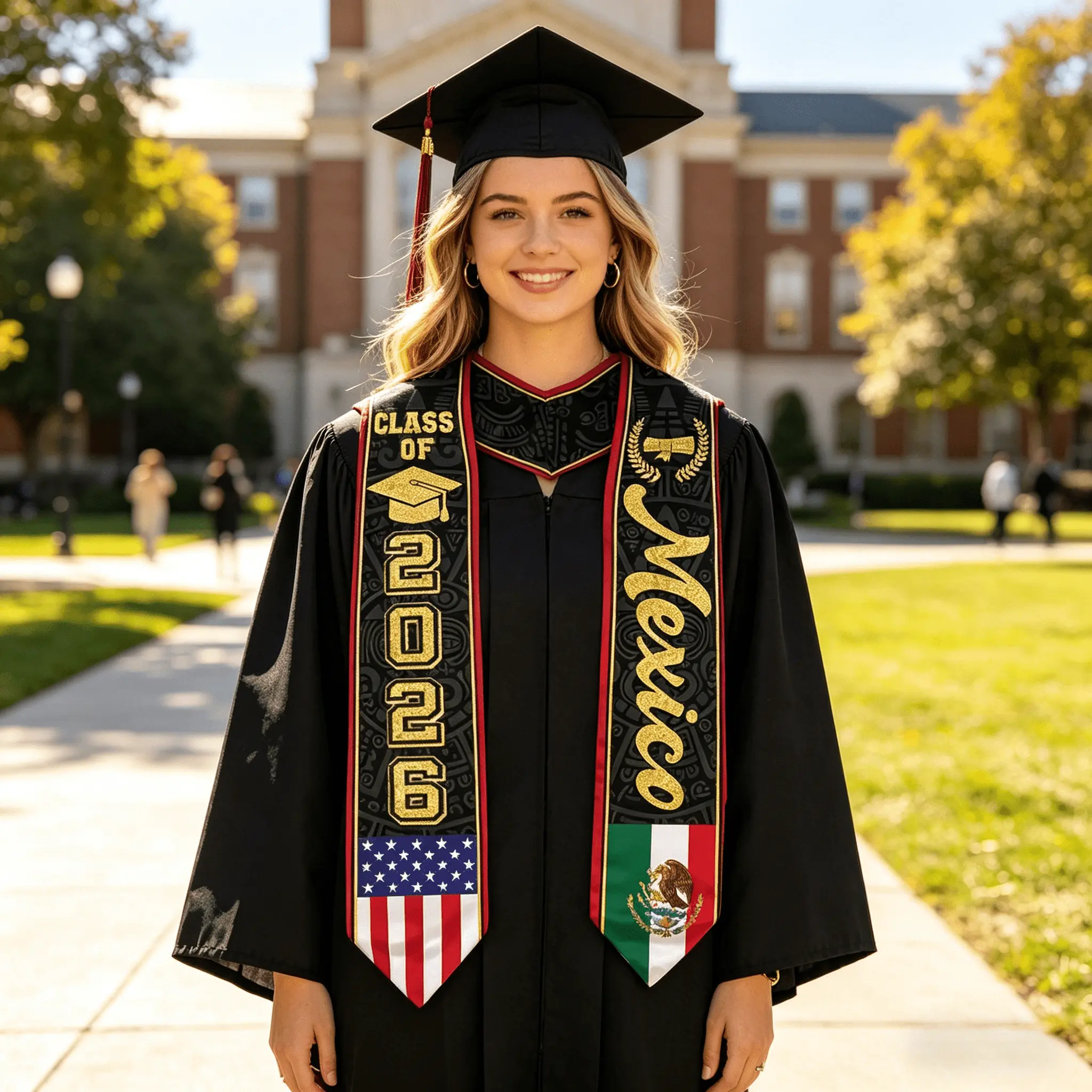 EastJia 2026 Unisex Polyester Graduation Sash - Mexican & Mexican American Flag Graphic Print, Multi-Size (S,L), Soft on Skin, Comfortable, Lightweight, Breathable, Reusable, Washable Party Accessory Graduation Gift (5.9in x 72in, 78in)