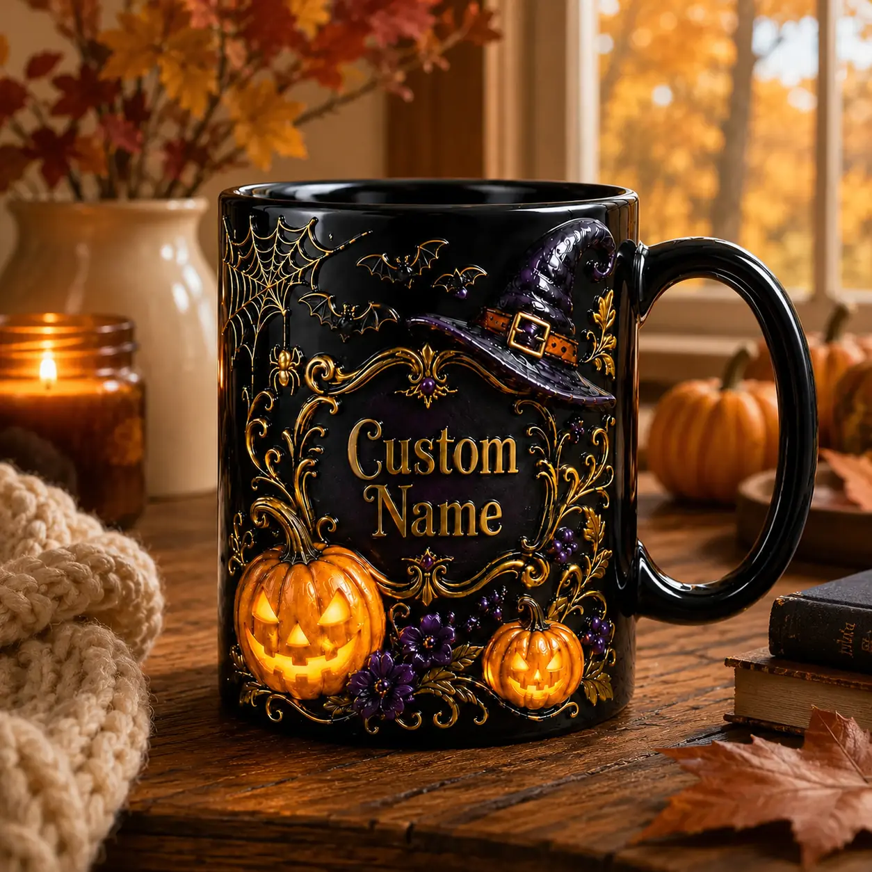 Custom Name Halloween Mug, Personalized Witch Pumpkin Coffee Cup with Spooky Bats & Spider Web, Unique Fall Gift for Halloween Lovers