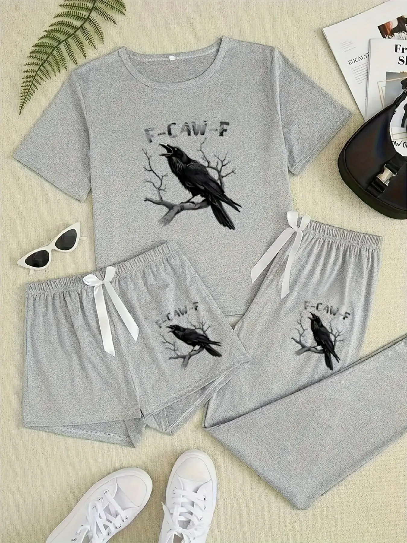 Women's 3-Piece Sleepwear Loungewear Set, Raven Animal Print Pajamas, Casual Fitted Knitted Style, All-Season Comfortable Nightwear, Moderate Fabric Thickness, Lounge Pajama Pants, Lounge Sets