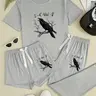 Women's 3-Piece Sleepwear Loungewear Set, All Seasons Loungewear, Raven Animal Print Pajamas, Casual Fitted Knitted Style, All-Season Comfortable Nightwear, Moderate Fabric Thickness, Lounge Pajama Pants, Lounge Sets