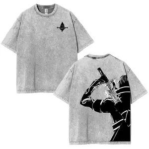 Sword Art Online Kirito Washed Tee Vintage Subtle Anime Double Printed T-shirt Unisex Cotton Loose Fit Shirts for Men Woman Anime Summer Outfits - Fabric Streetwear