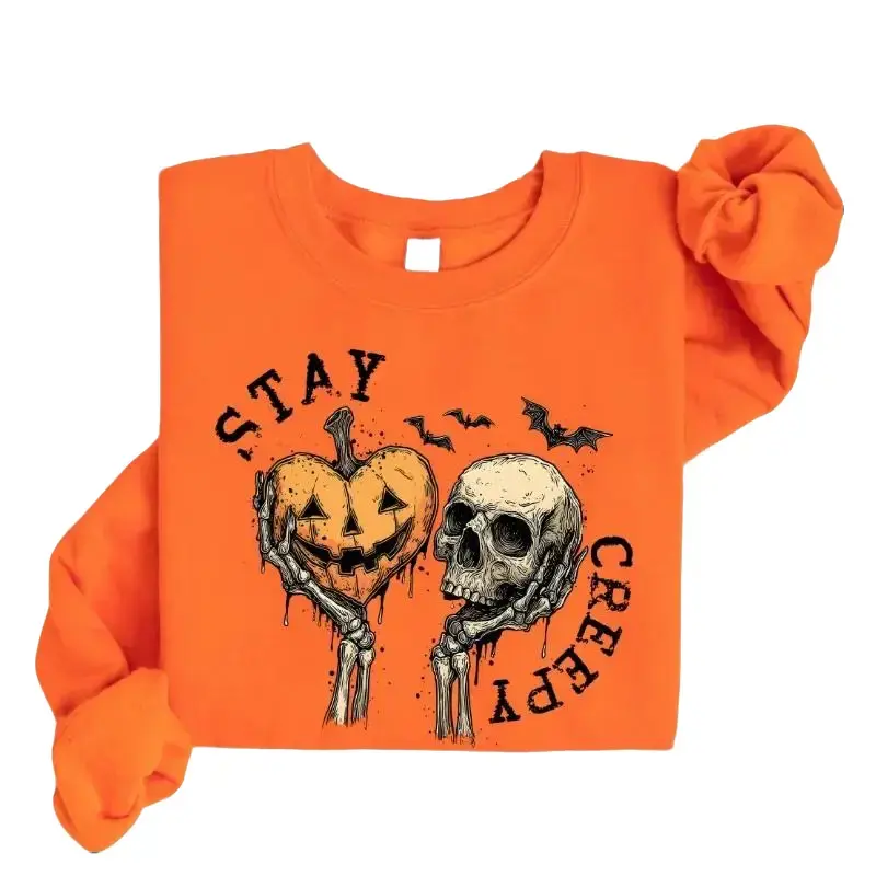 Women's Casual Cotton Short-Sleeve Round Neck Printed Stay Creepy Sweatshirt, Retro Dripping Heart Halloween Crewneck, Skeleton Hand Spooky Pullover, Grunge Horror Vintage Fall Gift - TrendWear USA