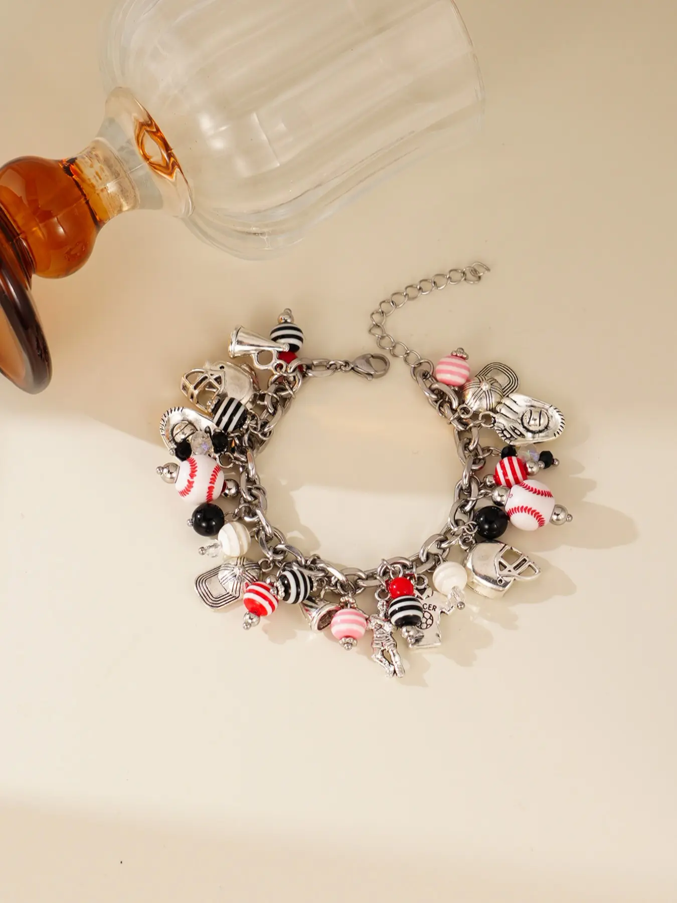 Baseball Football Rugby Pendant Sports Style Copper Bracelet, Athletic Accessories Bracelet, Sporty Charms, Women's Party Wear, Geometric Pattern, Perfect for Gatherings, Copper Chain Bracelet