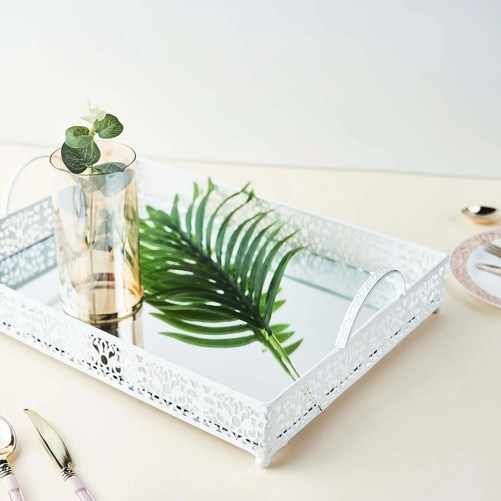 16"x12" 1-Sided Mirror-Top Rectangle Serving Plates - White Fleur De Lis French-Inspired 2-Handle Tray for Weddings, Birthday, Restaurants, Contemporary Vanity Centerpiece