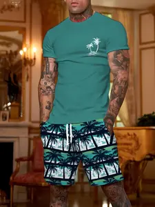 Men's 2 Piece Set Round Neck Short Sleeve Print Tee & Drawstring Shorts, Outfit Set, Casual Fashion, Classic, Tropical, Breathable Fabric, Summer Beach Vacation, Clothes, Menswear