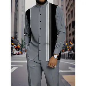 Men’s two-piece set featuring a black-and-white vertically striped print: a button-neck top and drawstring-waist casual pants. Regular-fit casual long-sleeve pocket pants for everyday wear; autumn and winter menswear from GARMENTARY.