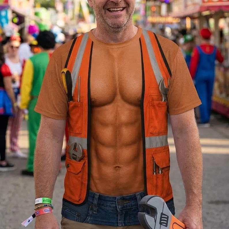 3D Muscle T Shirt Funny Construction Safety Vest Shirt, Fake Chest Shirt Abs Chest T-shirt, Halloween Costume Top Funny Handyman Gift