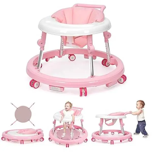 Foldable Baby Walker and Activity Center with 9 Adjustable Heights, Portable Anti-Rollover Design with Silent Wheels for Babies and Toddlers 7-18 Months, Baby Furniture,backtoschool, glowup