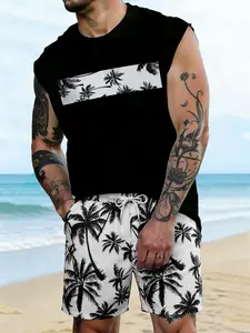 Men's 2-Piece Set Outfit Suit Set Coconut Tree Tropical Pattern Printed Round Neck Sleeveless Vest Casual Comfortable Top + Random Beach Shorts, Summer Outdoor Vacation Wear Menswear
